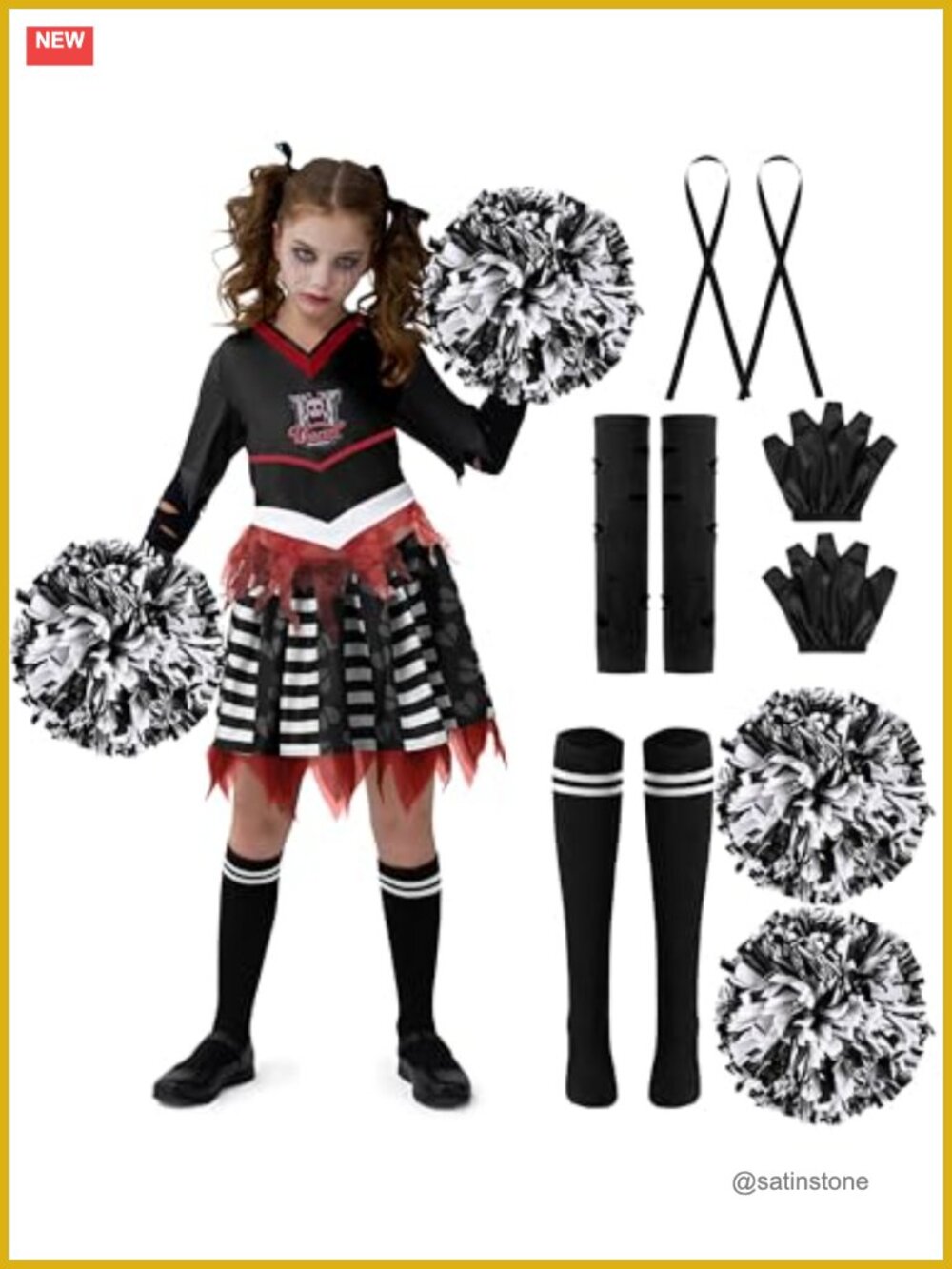 Zombie Cheerleader Costume Set Girls Top Skirt Pom Poms Halloween